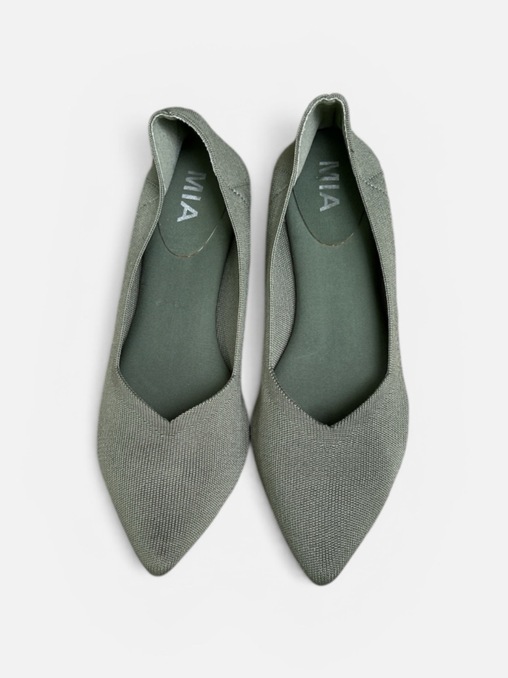 MIA “Florencio” FlyKnit Flat Pointed Toe Tortoise Shell Low Heel in Sage Sz 9